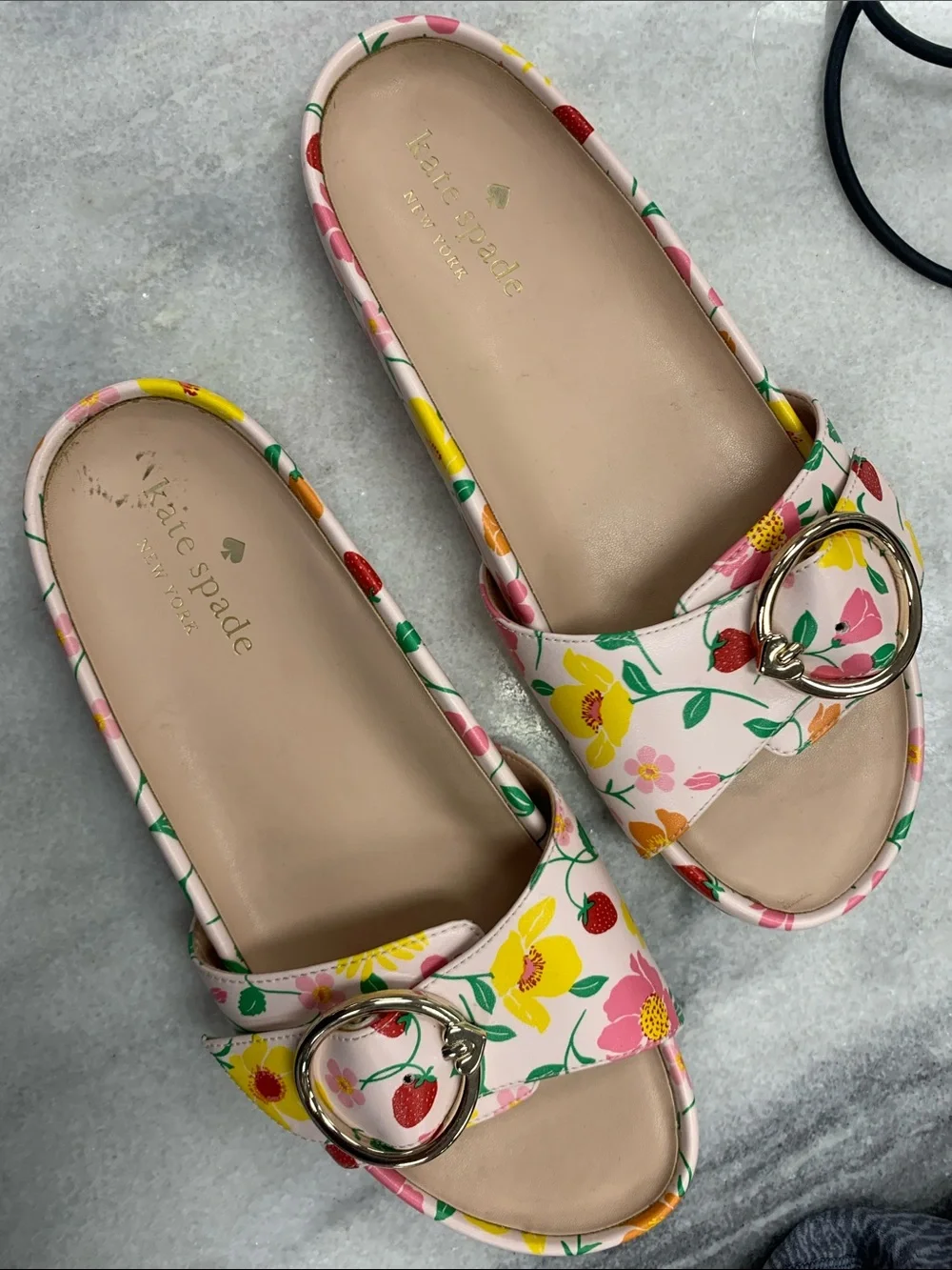 kate spade White Floral Buckle Slide Sandals